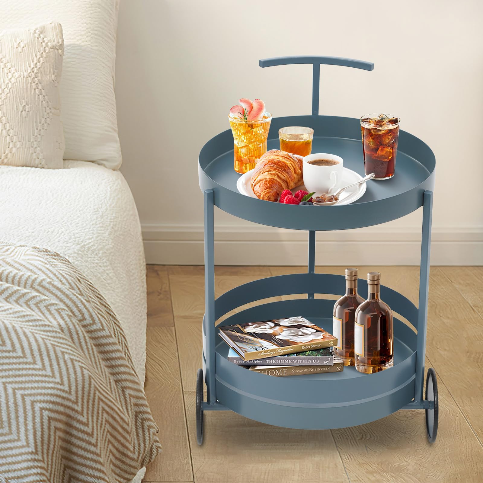Carrello da cucina a 2 ripiani, in metallo, con ruote, carrello rotondo e multiuso per soggiorno, sala da pranzo, cucina, ufficio, camera da letto, 40 x 40 x 61 cm