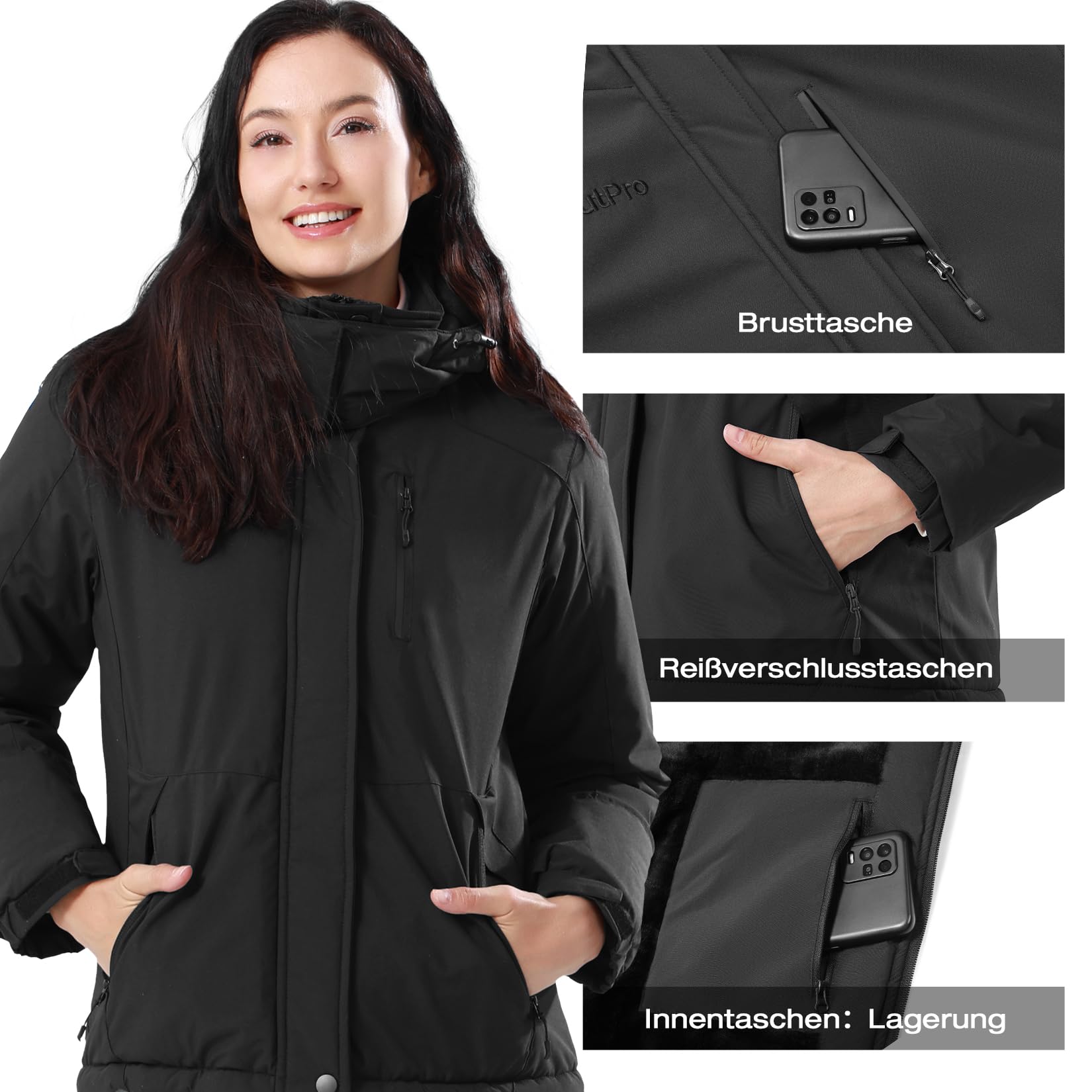 OutPro Skijacke Damen Wasserdicht Snowboardjacke Winterjacke Hooded Warm Winterjacke Dickes Gänsedaunenfutter Doppelte Seitentaschen Wanderjacke mit Reißverschluss für Outdoor-Aktivitäten