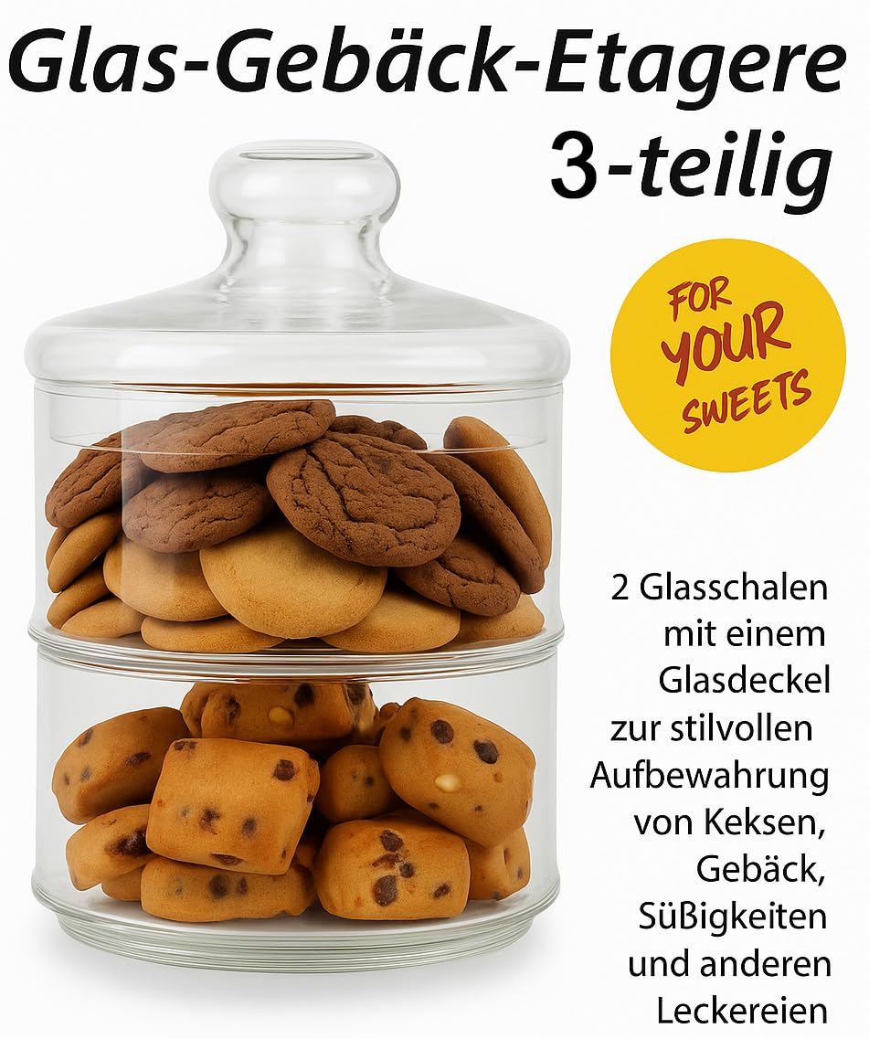 Bonboniere Glas mit Deckel – Vorratsglas 2- & 3-stöckig stapelbar – Glasbehälter für Süßigkeiten, Kekse, Pralinen, Snacks – Glas-Gebäck-Etagere, Aufbewahrungsglas Küche & Deko (2-stöckig Ø16xH28cm) Küche, Haushalt & Wohnen