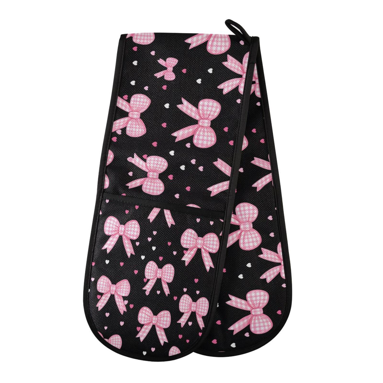 Oven Gloves Double Oven Gloves Pink Bow Heart Heat Oven Mitts Pot Holder Heat Resistant Quilted for BBQ Baking Kitchen Cooking Gloves
