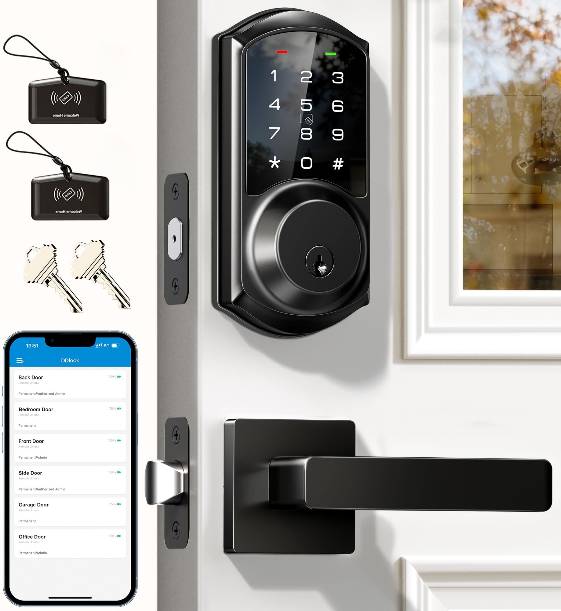 Veise VE06-L Smart Locks with 2 Lever Handle Set, App Control, Keyless Entry Deadbolt for Front Door, Electronic Digital Touchscreen Keypad, Auto Lock, Waterproof, Easy Installation, Matte Black