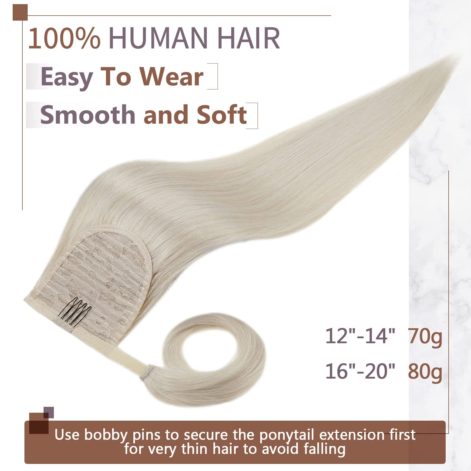 RUNATURE Ponytail Hair Extensions Human Hair White Blonde Ponytail Extension Human Hair Blonde Wrap Around Ponytail Hair Extensions Real Hair 12 Inch 70 Gram - Image 3