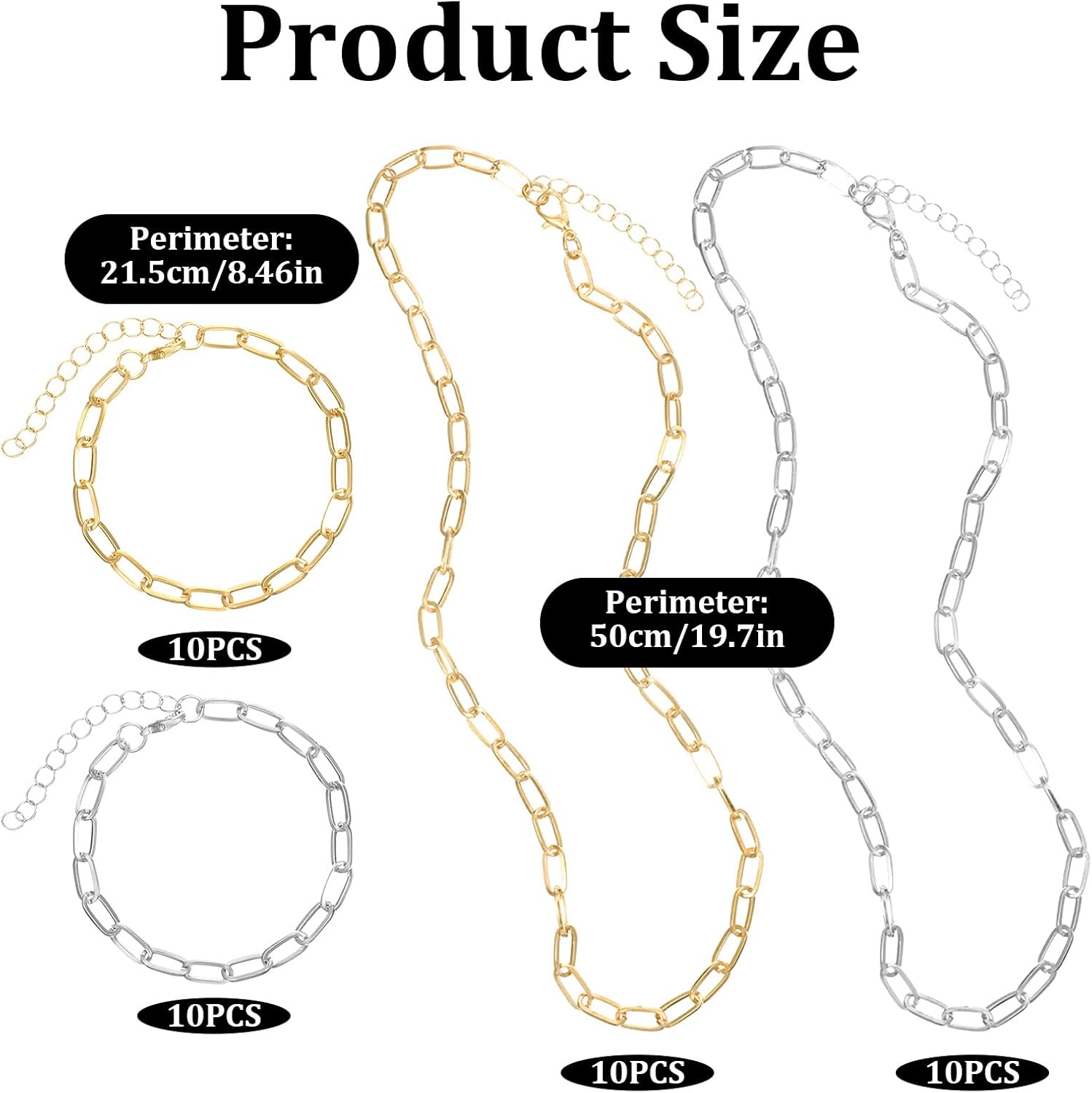 Prasacco 40 Pcs Paperclip Chain Necklace Bracelets Kit, 20 Charm Necklace Chain 20 Charm Bracelet Chains Alloy Paperclip Link Chains with Lobster Clasps for DIY Jewelry Making (Gold, Silver) - Image 2