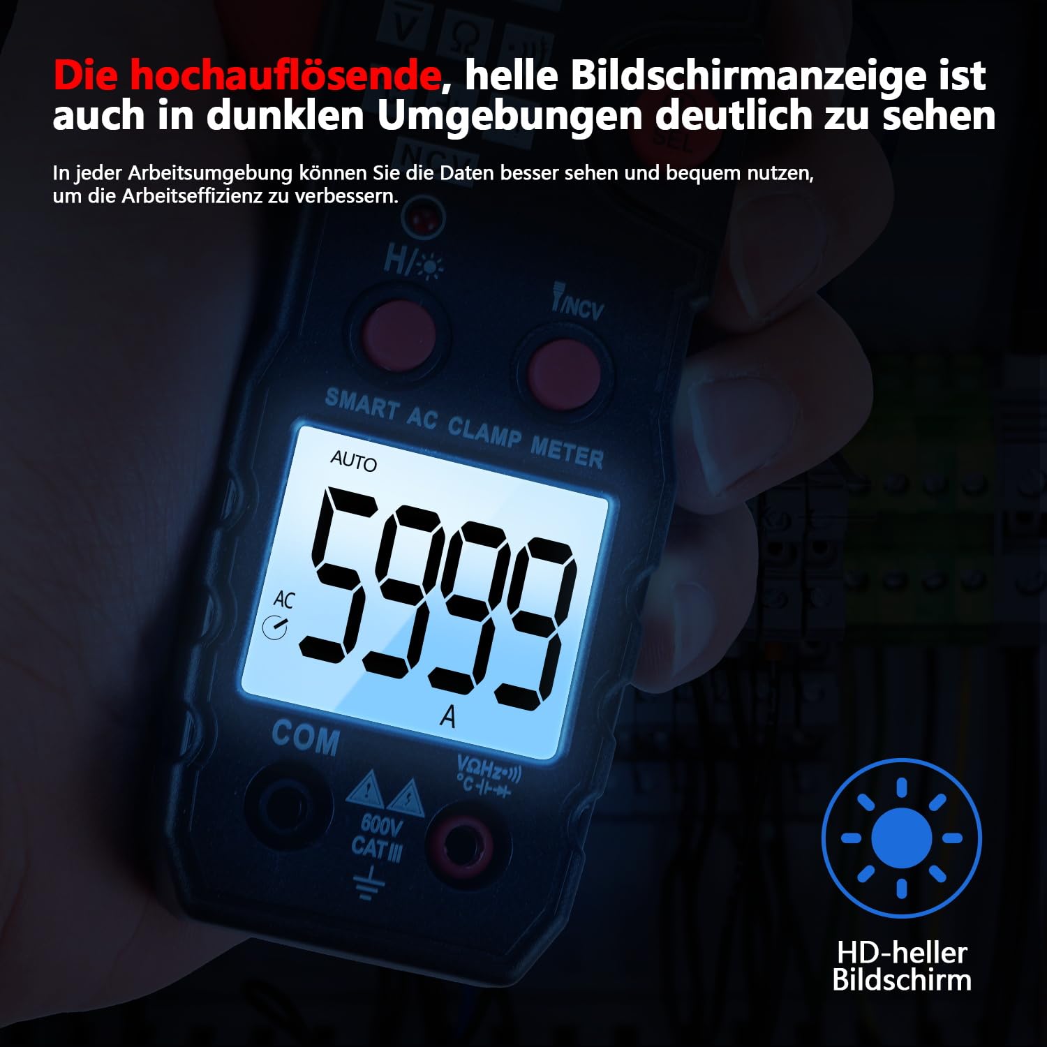 Stromzange, Strommesszange Digital Klemme AC/DC 600A, 6000 Counts TRMS Auto Range Multimeter, Amperemeter, Zangenamperemeter mit Taschenlampe Hintergrundbeleuchtung, NCV-Messung, Piepton-Erinnerung