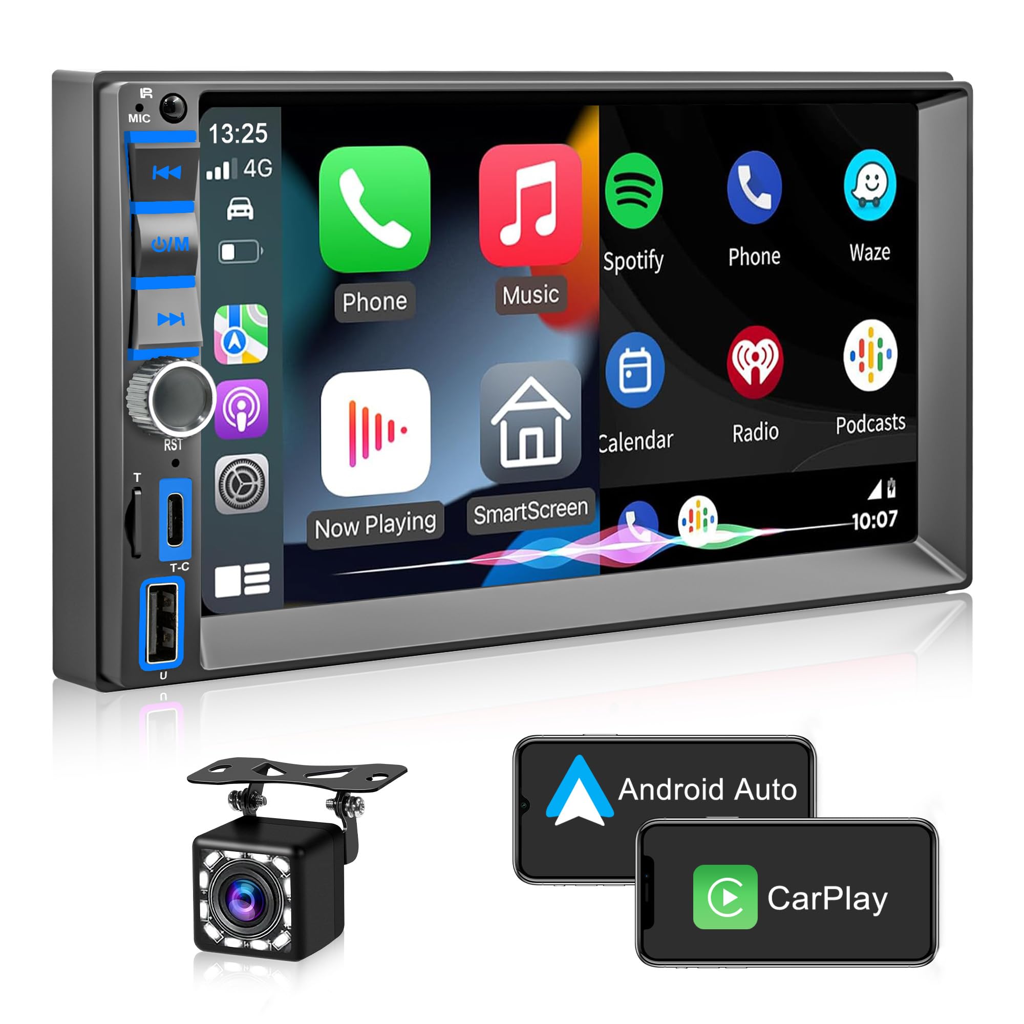 Wireless Autoradio 2 Din Bluetooth Compatibile con CarPlay e Android Auto,2 Din Stereo Bluetooth con Assistente Vocale Schermo HD da 7'' con Backup Camera/Mirror Link/GPS Navi/AM/RDS/FM/USB/SWC/Type-C