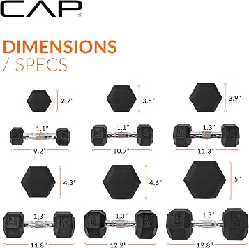 CAP Rubber Coated Hex Dumbbell Set with Storage Rack | 100210 lb Options, Space-Saving Vertical Compact Storage for Home Gym Strength Training