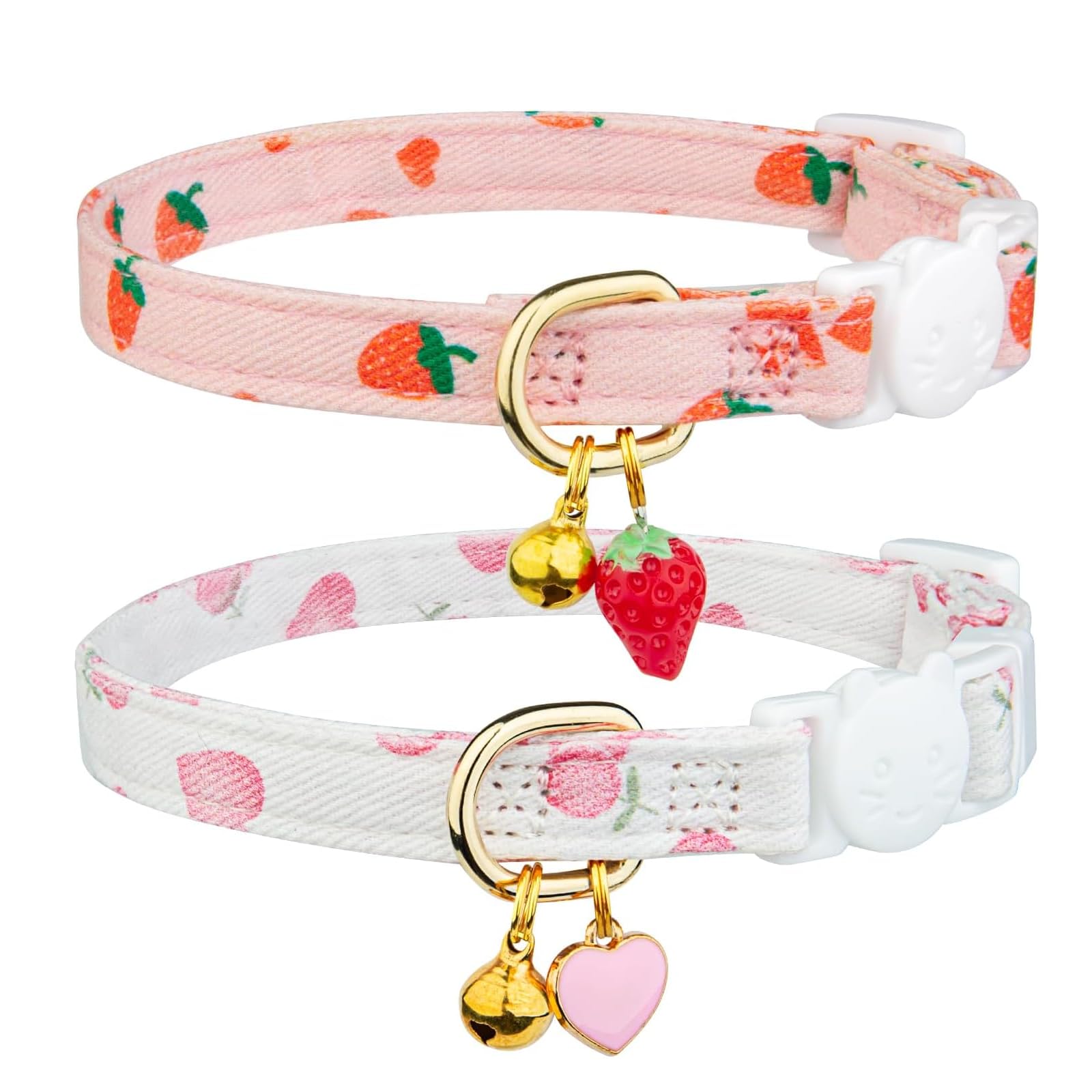 TecoKart® Adjustable Cat Collar Set – 2 PCS Soft Cat Collar with Bell for Indoor Cats, Cute Neck Belt for Kittens & Small Cats (Pink Strawberry & White Heart Design)-image-10