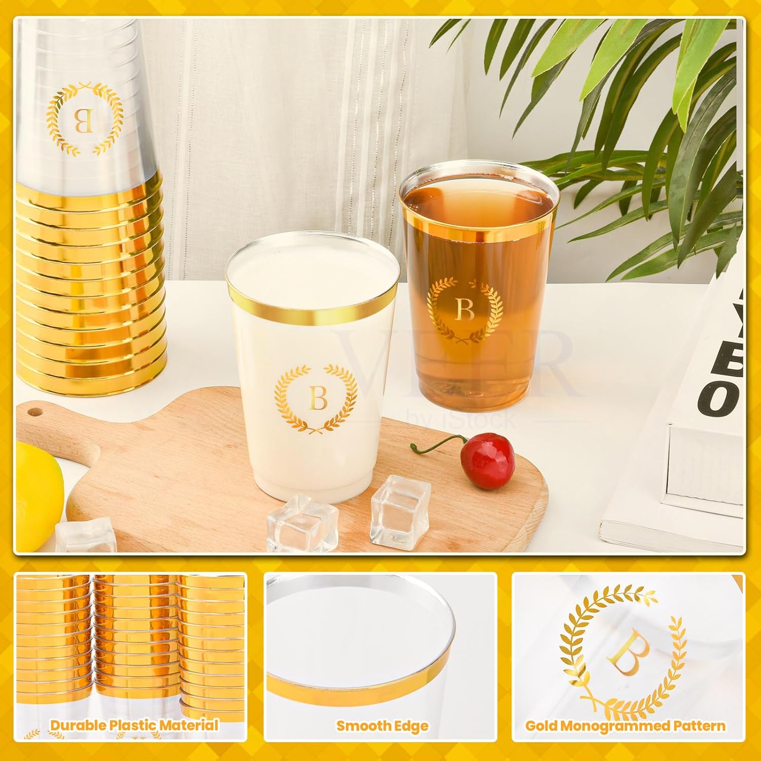 100 Pieces Monogrammed Plastic Cups Gold Foil Letter B Disposable Cups 12 oz Clear Initial Party Cups for Wedding Birthday Baby Shower Personalized Party Drinkware - Image 4