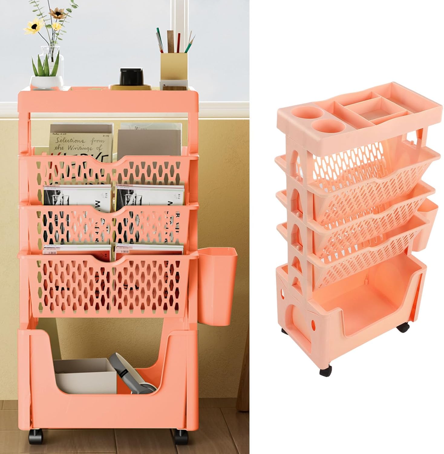 5 Layer Rolling Book Cart for Teachers Movable Rolling Utility Storage