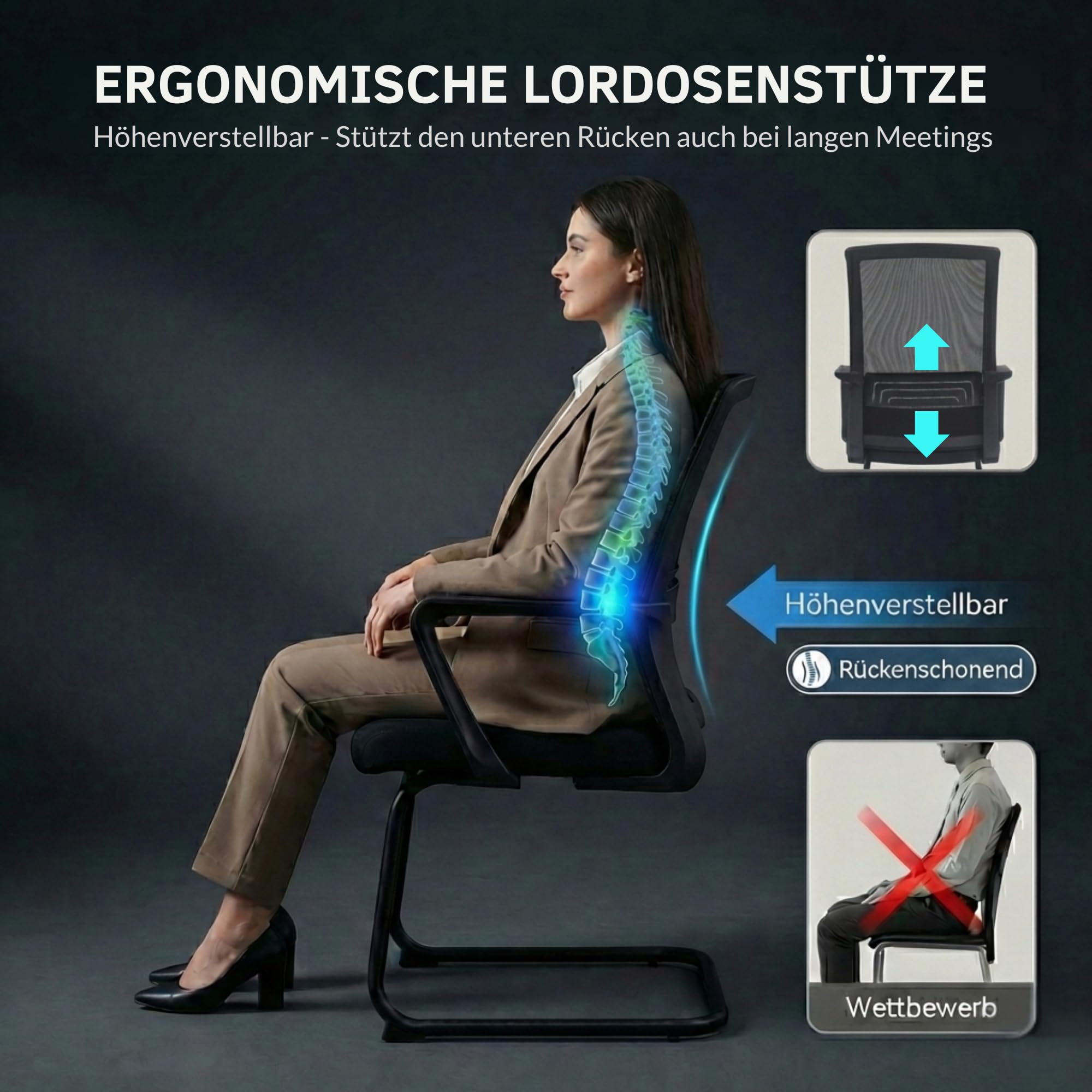 VALKENSTOL K1 Konferenzstuhl Freischwinger Schwarz mit Armlehne - Ergonomischer Besucherstuhl mit verstellbarer Lordosenstütze & Netzrücken - Robuster Bürostuhl ohne Rollen, Wasserabweisend, bis 150kg