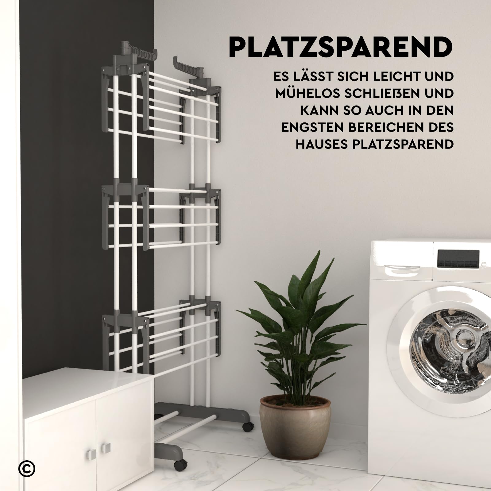 VertiSlim Dry Wäscheständer Klappbar Wäschetrockner Turm Platzsparender mit 4 Ebenen - Turm-Wäscheständer aus Edelstahl - Vertikaler mit Rädern und Seitenflügeln - Farbe Grau für Drinnen Draußen