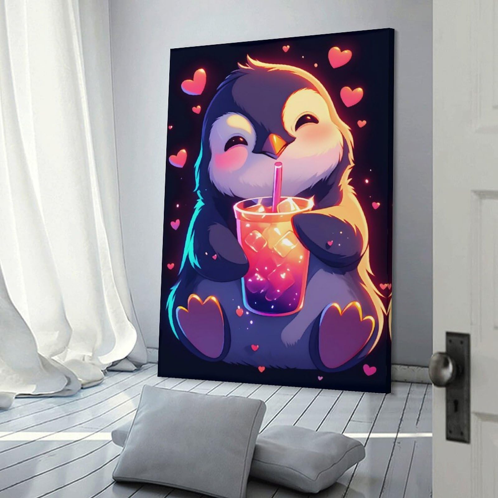 Junmoney Frame-Cute Penguin With Drink Cute Penguin With Drink Canvas Art Print 24X36inch(60X90cm), For New Homes, Bedrooms Or Workspaces, Gift Idea For Housewarming And Birthdays