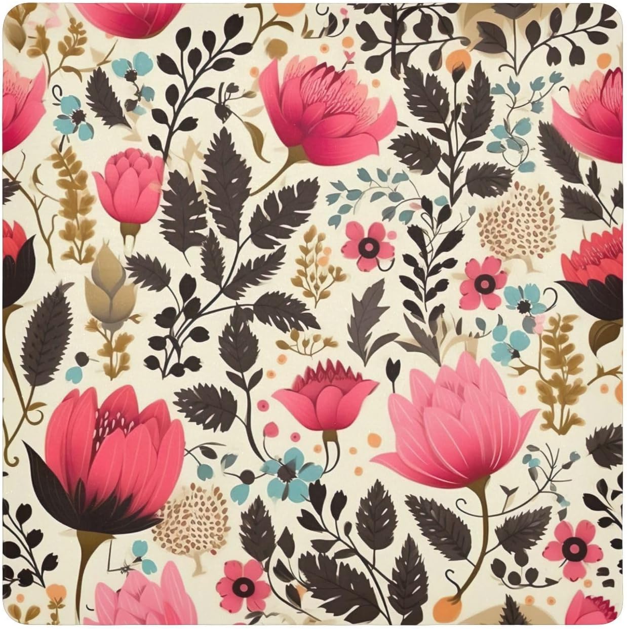 J JOYSAY Cute Pink Floral Flowers Leaves Self-Adhesive Magic Cloth Makeup Bag Magnetic Makeup Bag Lay Flat Organizer for Beauty Essentials Travel,17.7 In