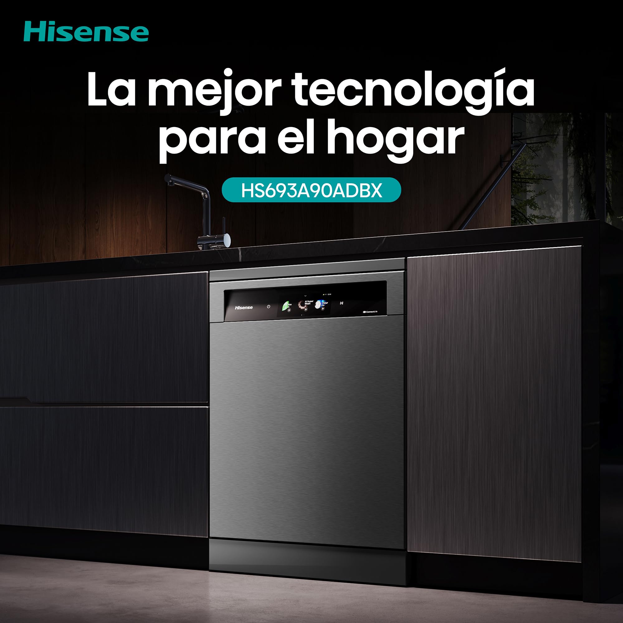 Hisense HS693A90ADBX - Lavavajillas Clase A, 16 Servicios, Fondo 60cm, Pantalla TFT Vision Plus 6.86", Super Wash IA, Programa ECO IA, Secado All Dry, Media Carga Auto, Tercera Bandeja, Inox