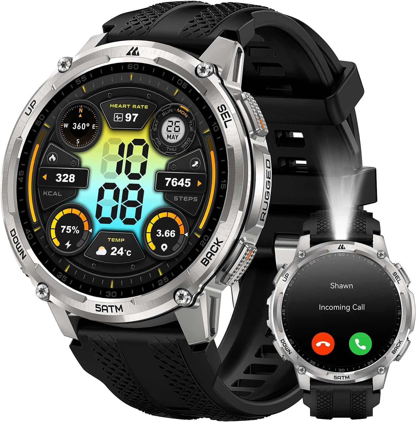 KOSPET Tank T4C Smartwatch with GPS, Full Metal Robust Body, LED Flashlight, 50 Day Battery, Health Monitor 24/7.5 ATM/IP69K, 170+ Sports Modes, 1.5 Inch Screen, Android & iOS Silver