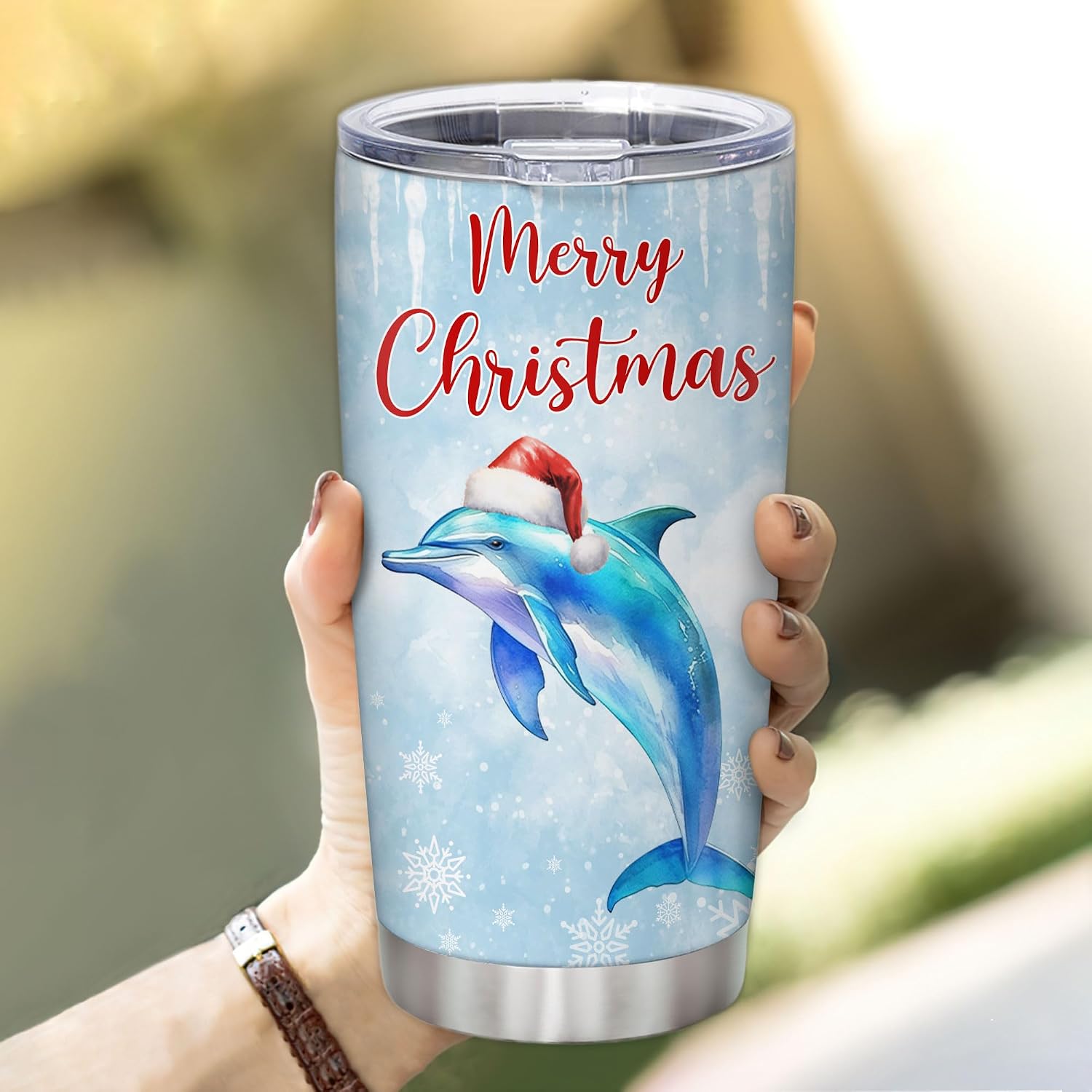 Hyturtle Personalized Gifts Dolphin Lover - Dolphin Merry Christmas Custom Name Coffee Tumbler Cup Stainless Steel 20oz, Sea Animal Lover Gifts For Women Girl Kids Men On Birthday Christmas