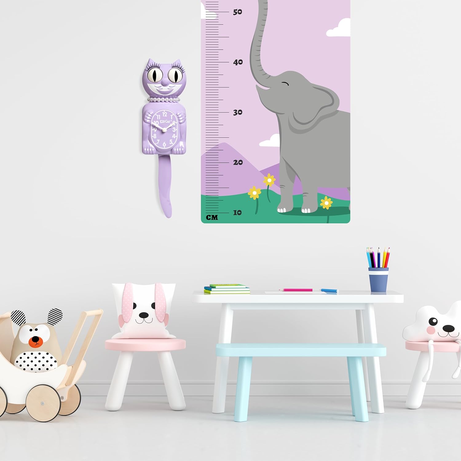 Kit-Cat Klock Limited Edition Pastel Lilac Lady - Cat Clock with Moving Eyes and Tail, Battery Operated Wall Clock, Made in USA, Modern Clock