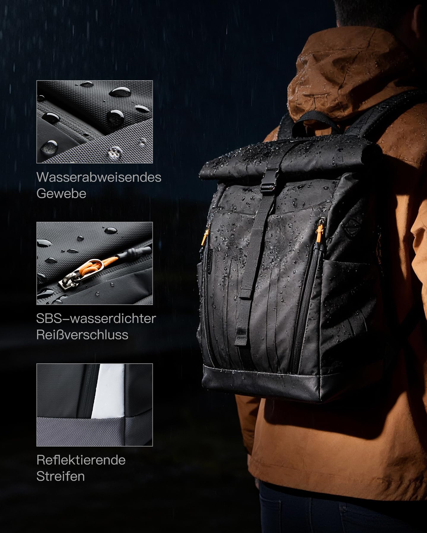 Inateck Laptop RollTop Rucksack Herren Damen 25L, Spritzwassergeschützt Schulrucksack Reiserucksack Stylische Tagesrucksack mit 17 Zoll Laptopfach, für Freizeit Job Sport Reisen