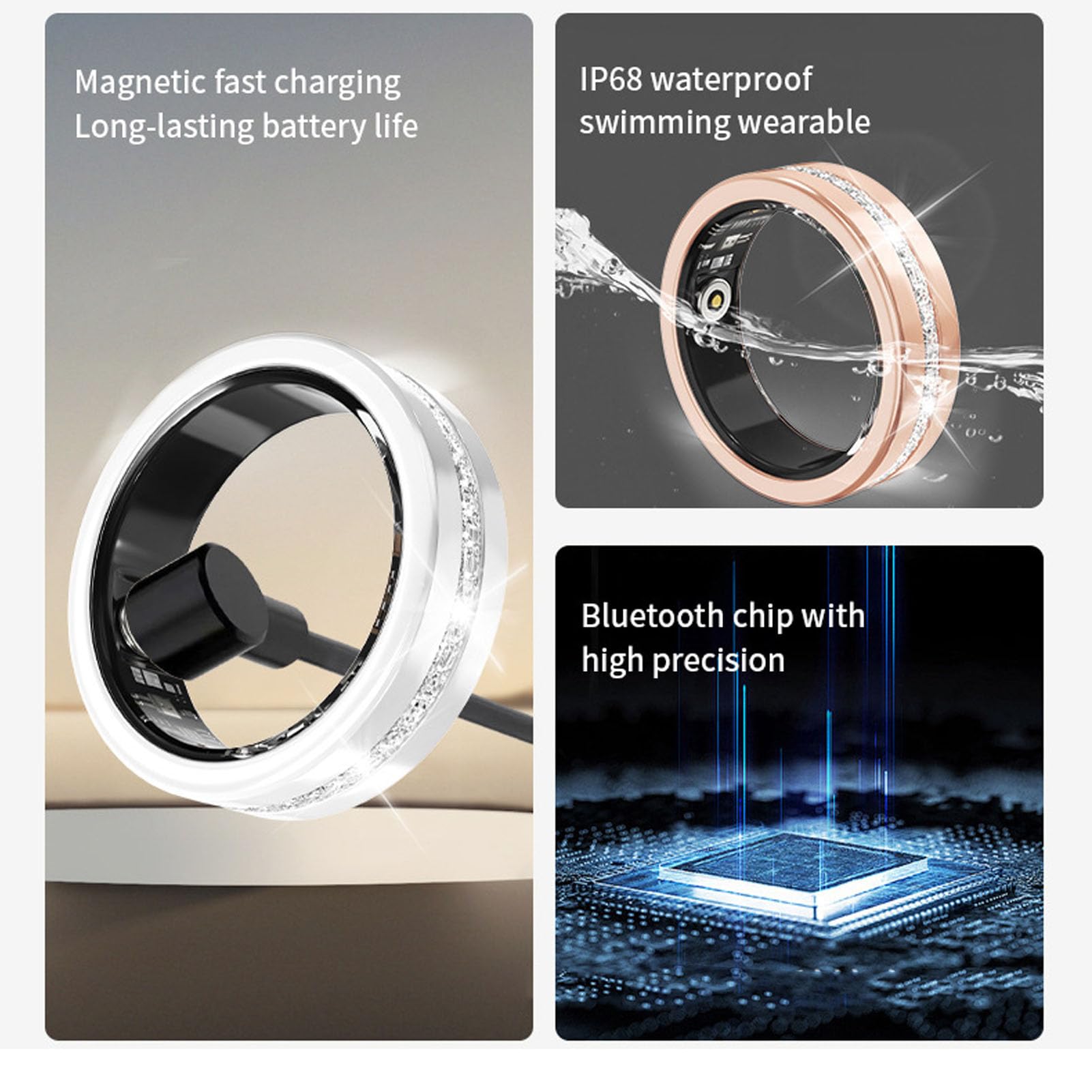Tangxi Bague Intelligente pour Femmes et Hommes, Suivi de la santé avec Sommeil, Surveillance de l'exercice, étanchéité 100 Modes Sportifs, Bague Intelligente IP68 pour Téléphone et (Gold)