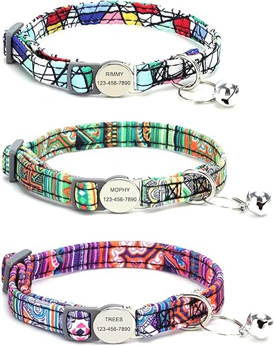 Miniatura 1 de Rising Paw Paquete de 3 collares de gato florales personalizados, collar de gatito personalizado con campana, hebilla de seguridad ajustable de