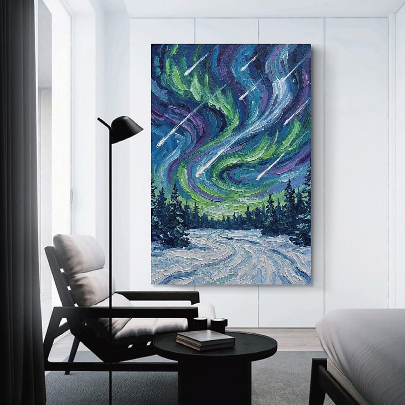 Junmoney Home Decor Wall Art Aurora Borealis Over Snowy Forest, 24x36inch(60x90cm), for New Homes, Bedrooms Or Workspaces, Decorative Present for New Homes