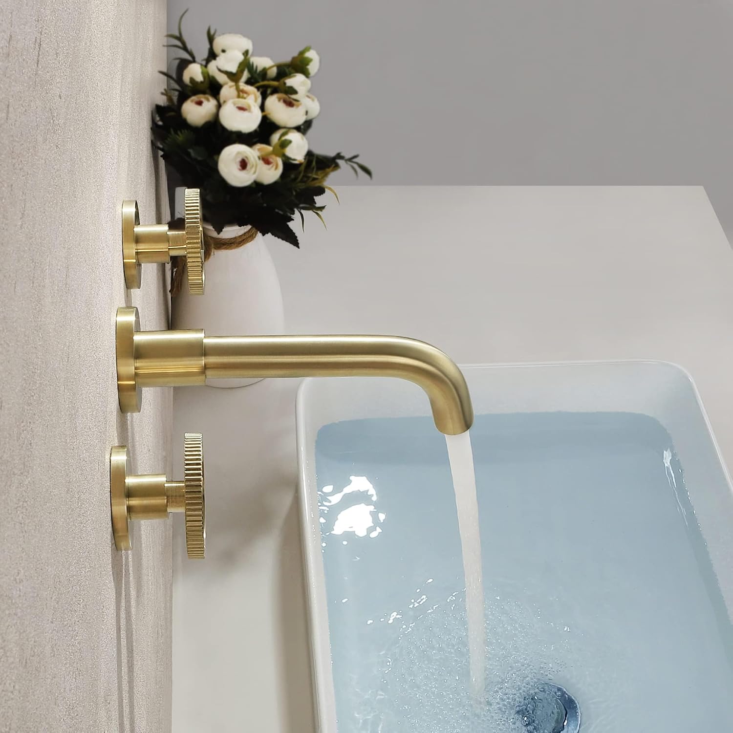 SKOWLL Brushed Gold Wall Mount Bathroom Faucet, 3 Hole Widespread Vanity Faucets, 2 Handle Modern Vessel Sink Faucet with 360° Swivel Spout