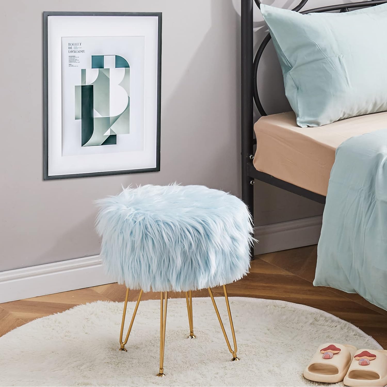 Mxfurhawa Faux Fur Storage Ottoman Round Furry Vanity Stool Marble Grain Tray Coffee Table Compact Footrest Stool with 4 Metal Legs Soft Makeup Seat Foot Stools for Living Room Bedroom Entryway Blue