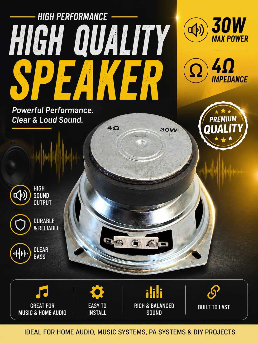 4 inches max subwoofer bluetooth speaker 4 ohm 30 watt hifi woofer deep bass for home theater