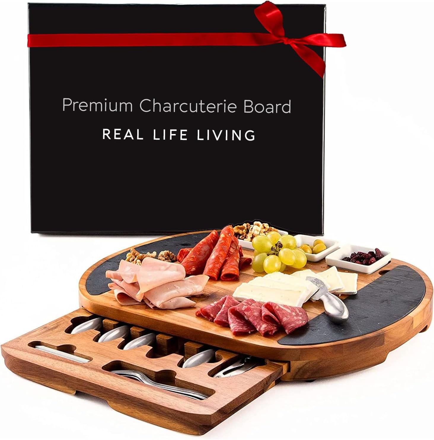 Premium Oval Charcuterie Board Cheese Board Set: Acacia Wood, Stainless Steel Knives - Christmas Gifts for Women, House Warming Ideas, New Home, Wedding presents for Couple, Bridal Shower