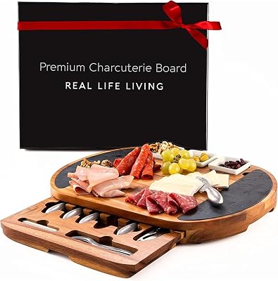 Acacia charcuterie board set with slate inlay and tools
