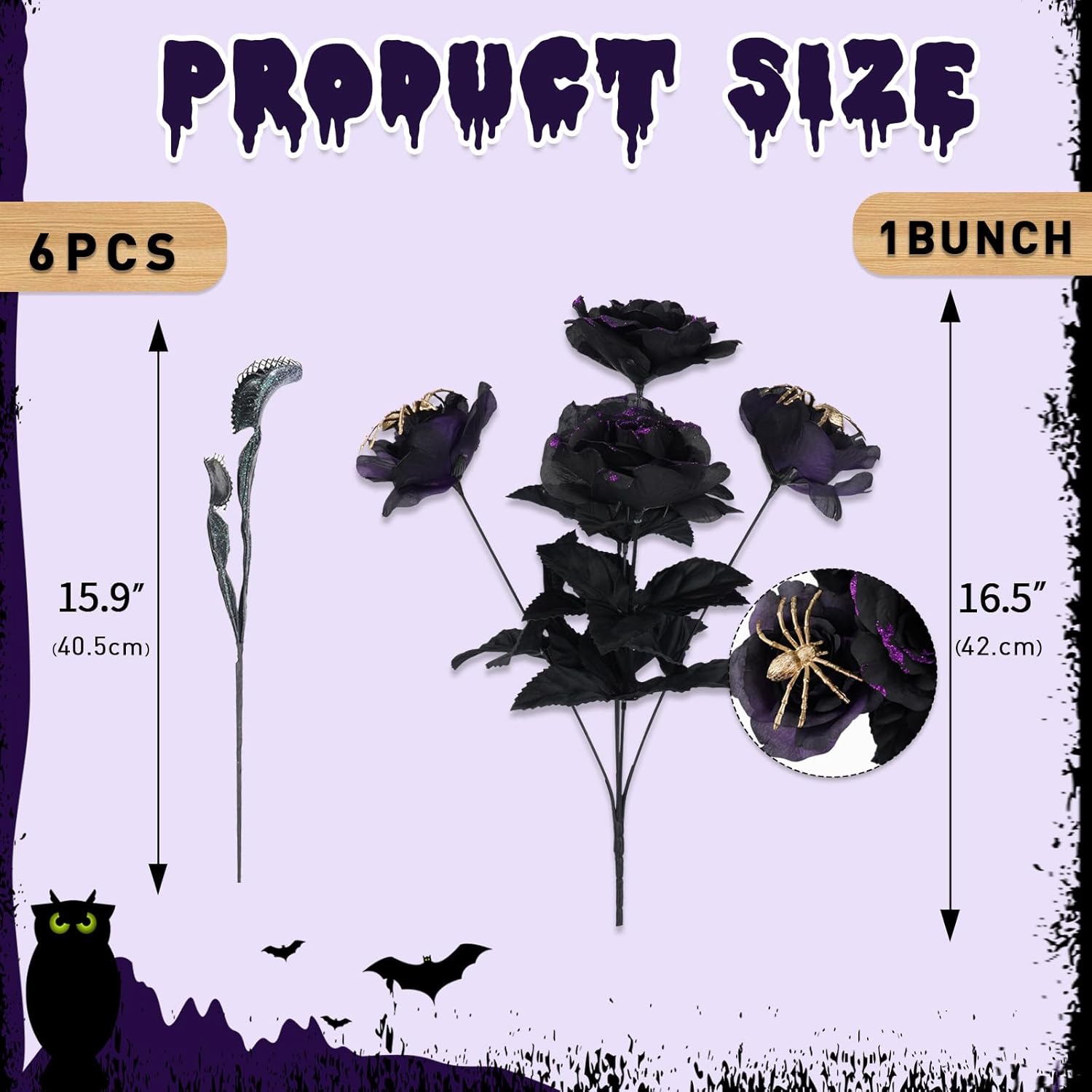 Halloween Bouquet Spider Artificial Roses Flowers,Fake Roses Faux Black Purple Roses for Halloween,Vase Arrgements Table Decoration