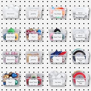 Pegboard Bins Plastic Bins Kit Pegboard Accessories Includes transparent Pegboard Containers Pegboard Wall Organizer, Sticker Label and Pen for DIY Craft Storage Tool Organizer Garage Storage (16 Set)