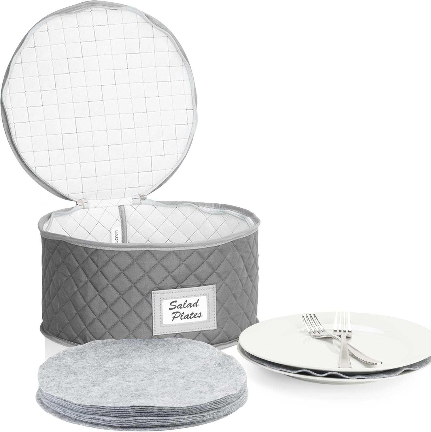 Fine China Storage - Set of 4 Quilted Cases for Dinnerware Storage. Sizes: 12" - 10" - 8" and 7" Wide - Gray - 48 Felt Plate Separators Included