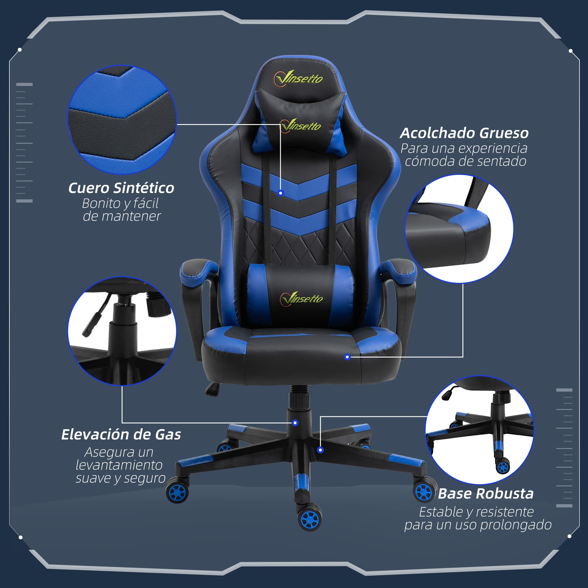 Vinsetto Silla Gaming Basculante Silla Gamer Altura Regulable con Reposacabezas y Cojín Lumbar para Salón Dormitorio Carga 120 kg 61x70x121-129 cm Azul