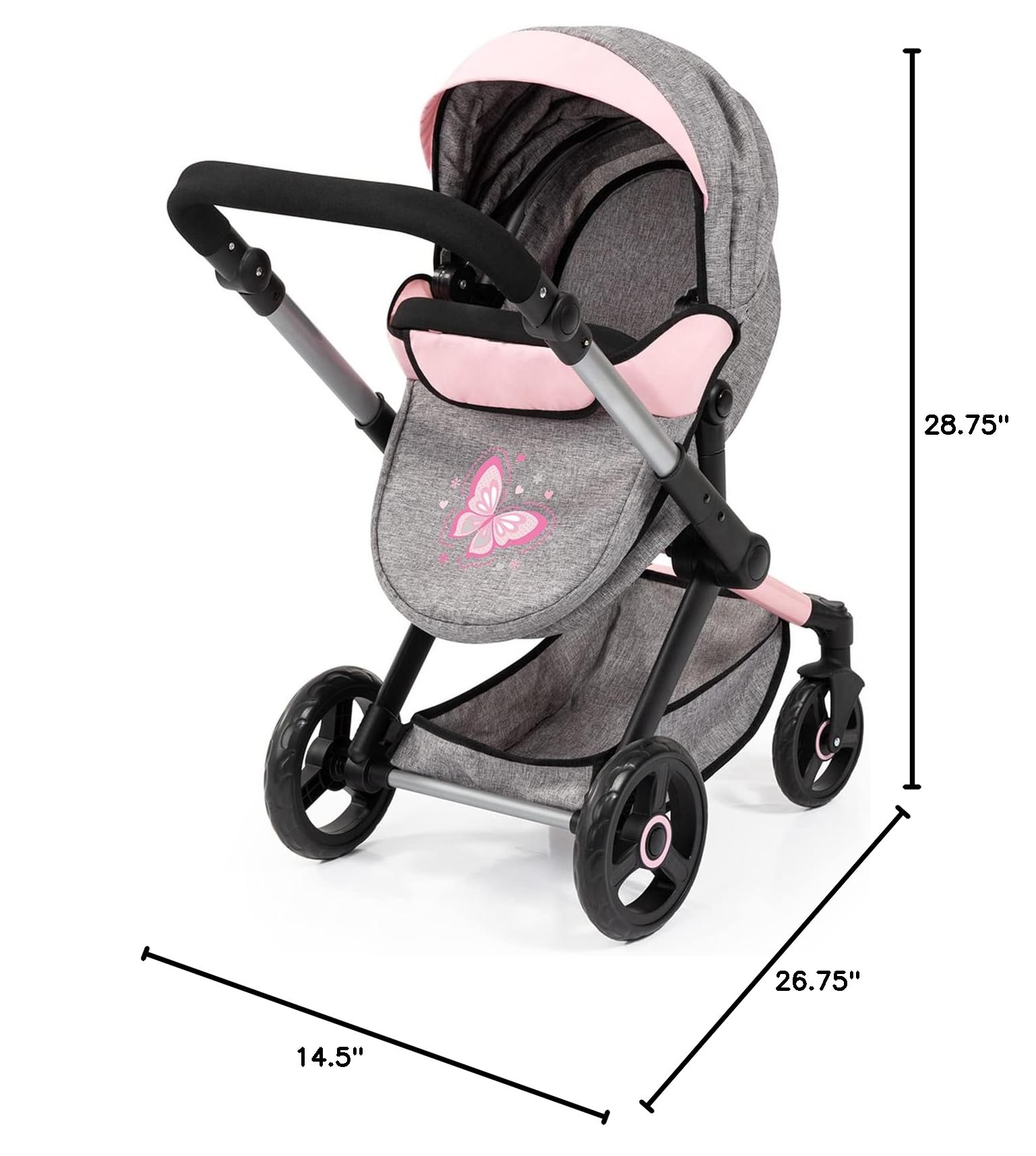 Bayer: Pram Xeo: Butterfly Grey & Pink - Matching Handbag, Adjustable Handle, for Dolls Up to 20", Ages 3+ | Dress Up