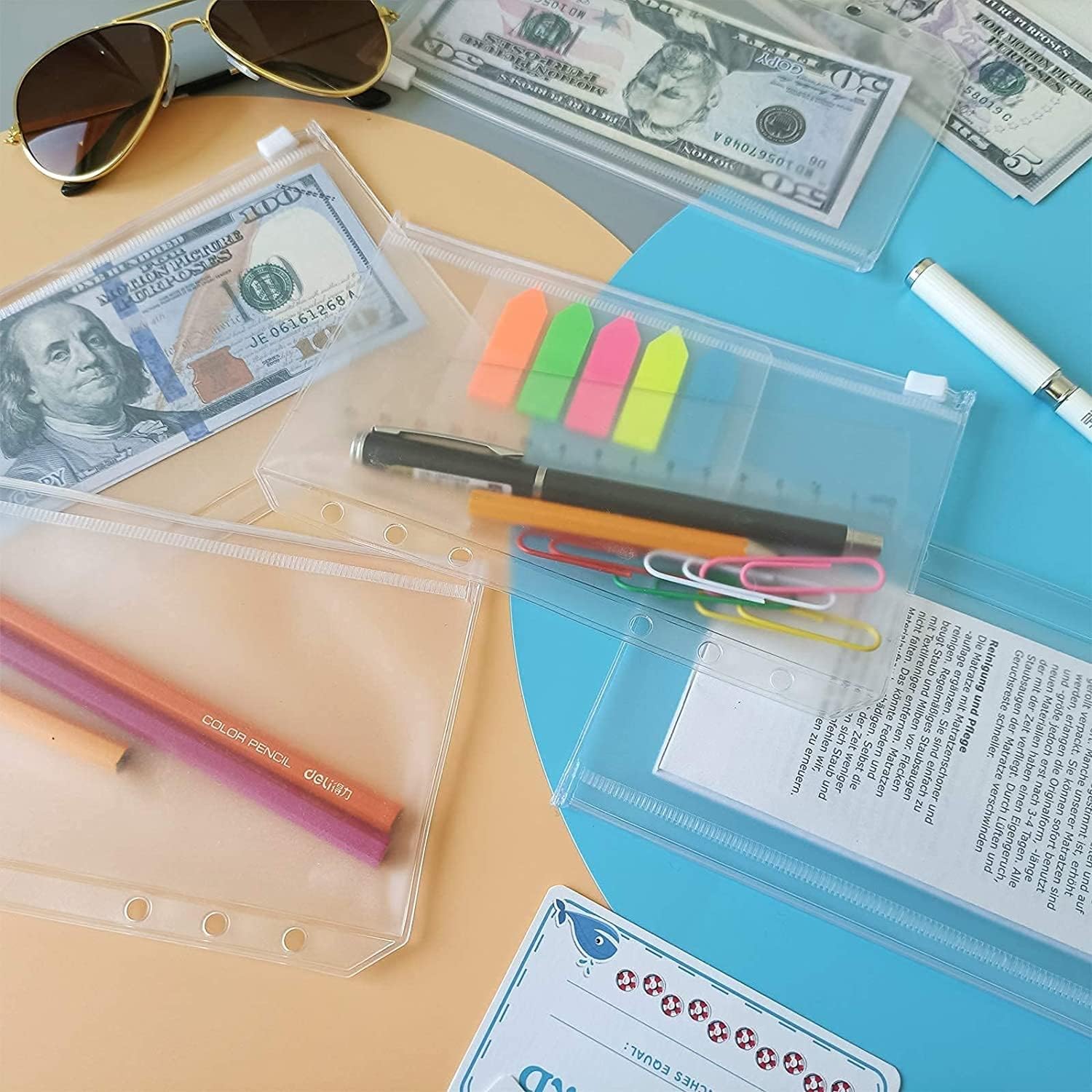 15 Pieces A6 Budget Binder Glitter Cover Cash Envelopes with 12Pcs 6 Hole Clear PVC Loose Leaf Bags,Sticker Labels, A Ruler image 3