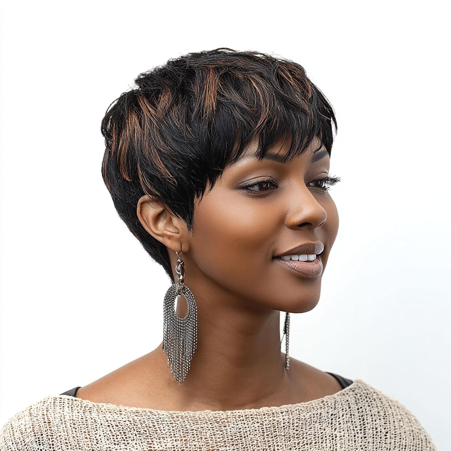 MOONSHOW Short Wigs for Black Women Brown Pixie Cut Wig Short Straight Pixie Hair Wig for Women 1B/30 Colored Layered Synthetic Auburn Brown Pixie Haircut Wigs for Black Women