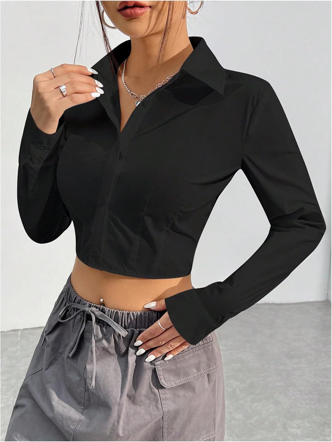 SOLY HUX Women's Button Down Crop Top Long Sleeve Collared Casual Cropped Shirt Blouse - Image 2