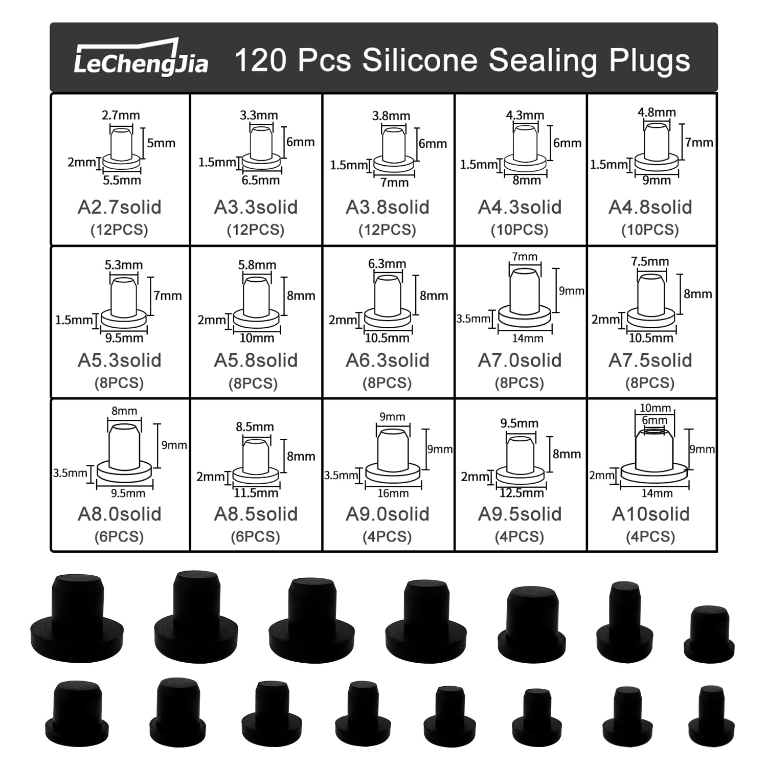 120 Pcs Black High Temp T Type Hole Plug, 15 Sizes Black Soft Flexible Stopper, Silicone Rubber Hole Plug - Image 2