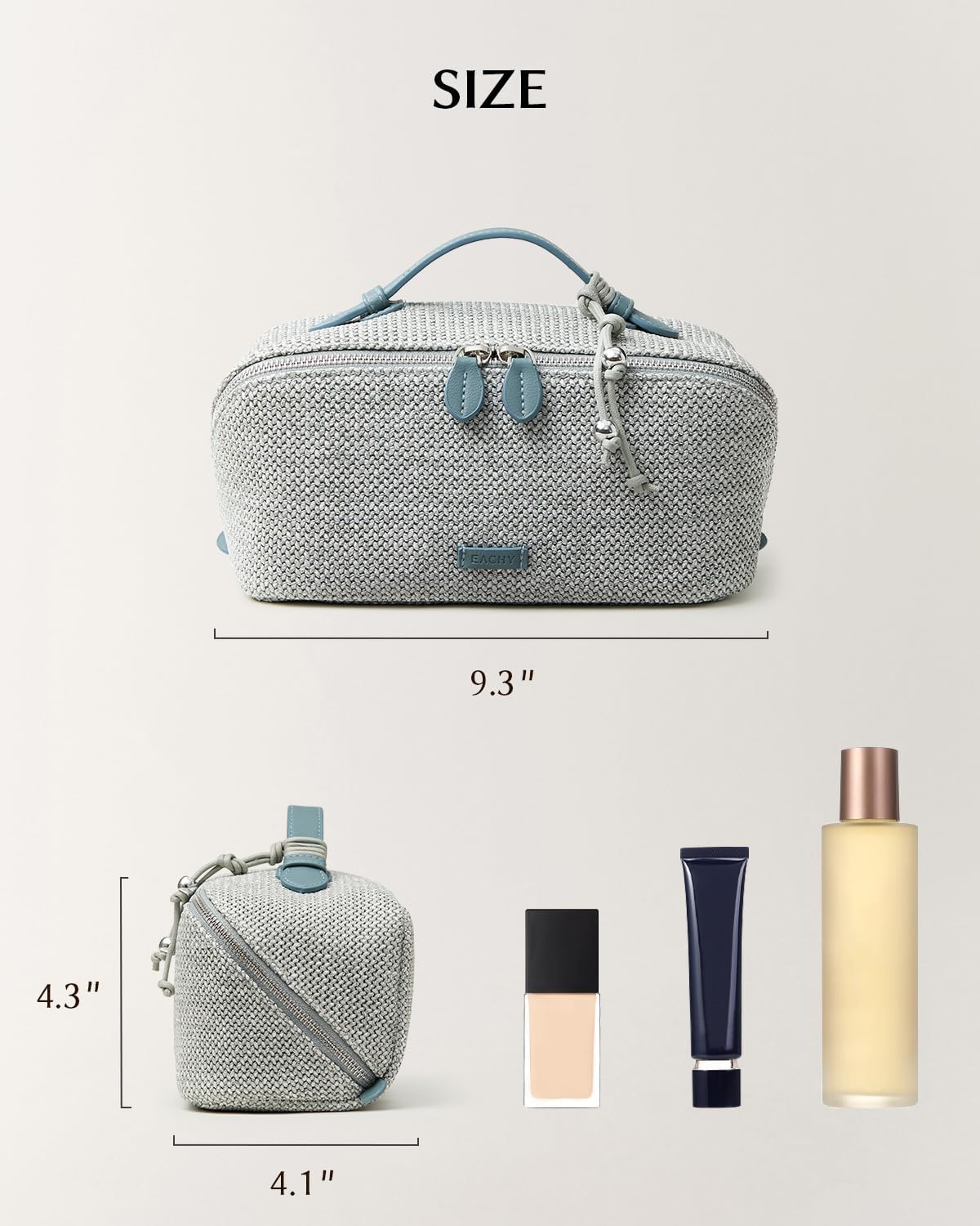 EACHY Makeup Bag, Woven Travel Toiletry Bag, Portable 180° Wide-Open Flat Cosmetic Bags for Women, Large Capacity Makeup Pouch with Divider and Handle