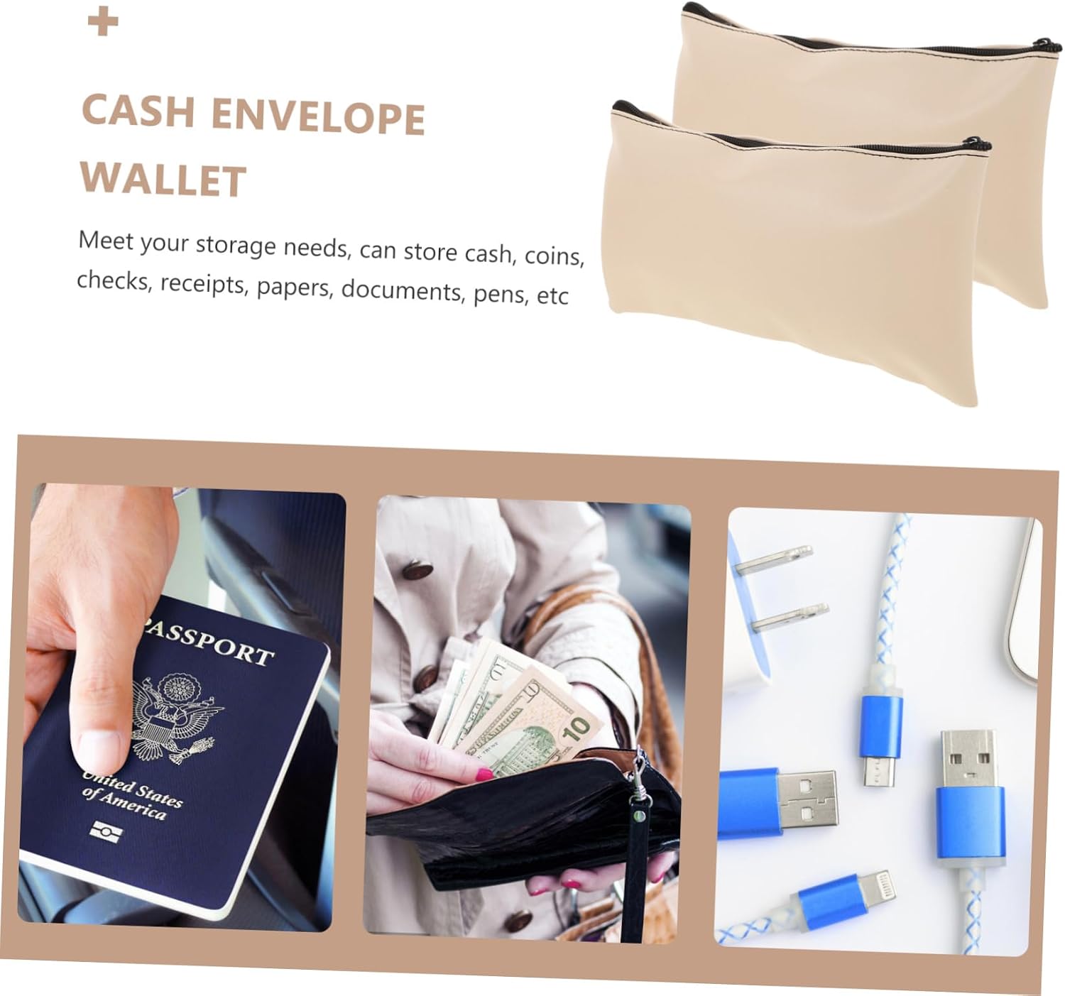 2Pcs PU Leather Cash Bags with Zipper Large Capacity Money Holder for Organizing Bills Travel-Friendly Bill Storage Pouches Sturdy and Stylish Bank Pouches