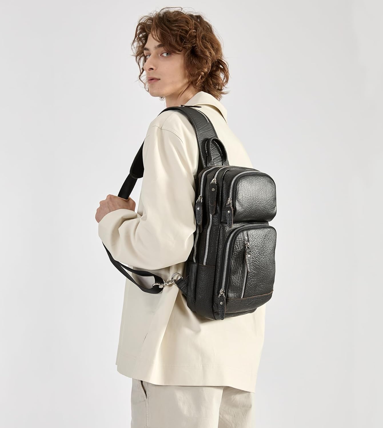 LANNSYNE Full Grain Leather Sling Bag For Men Crossbody Chest Daypack fits 10.5" iPad - Image 8