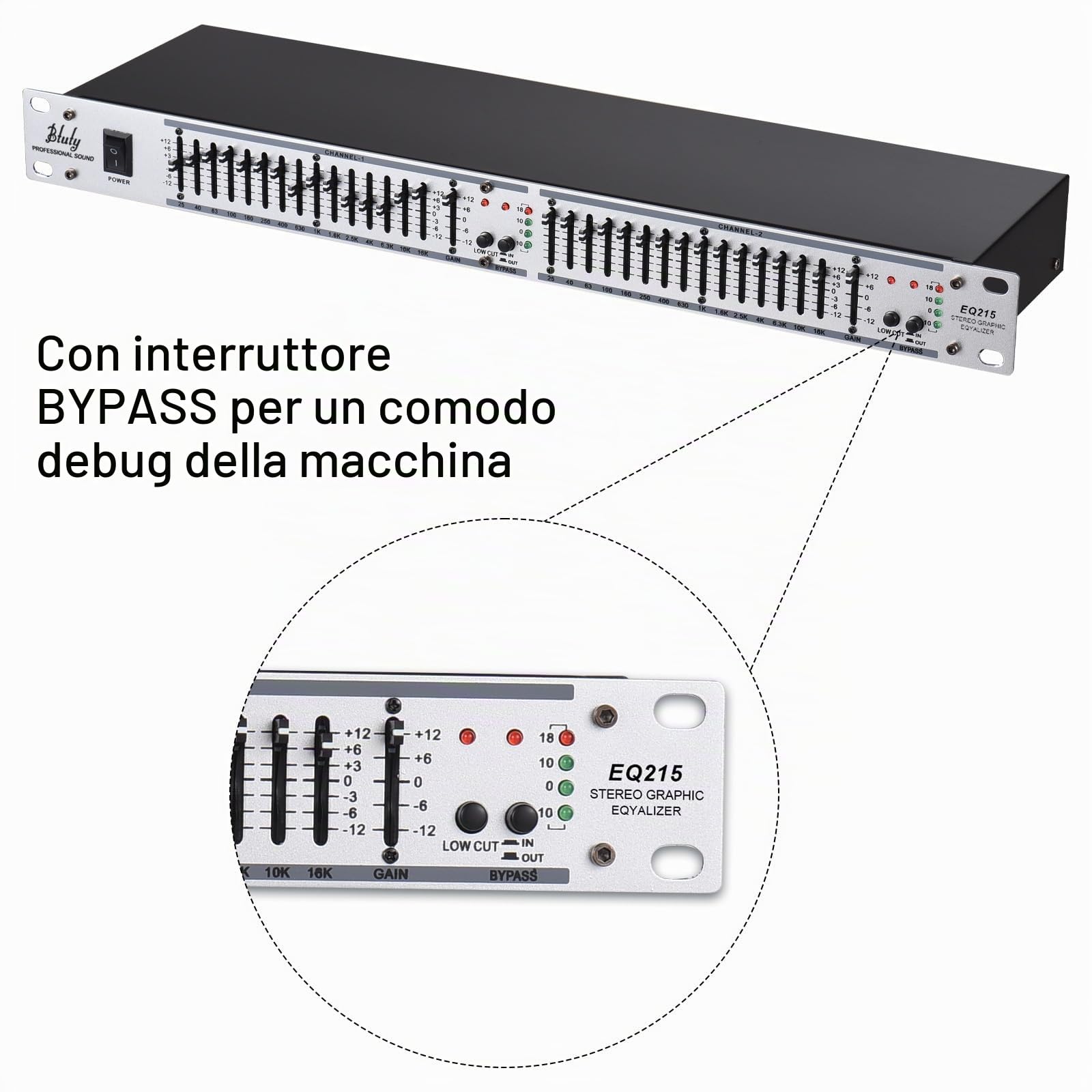 Btuty EQ-215 Dual Channel 15-Band Equalizer 1U Rack Mount 2-channel Stereo Graphic Equalizer