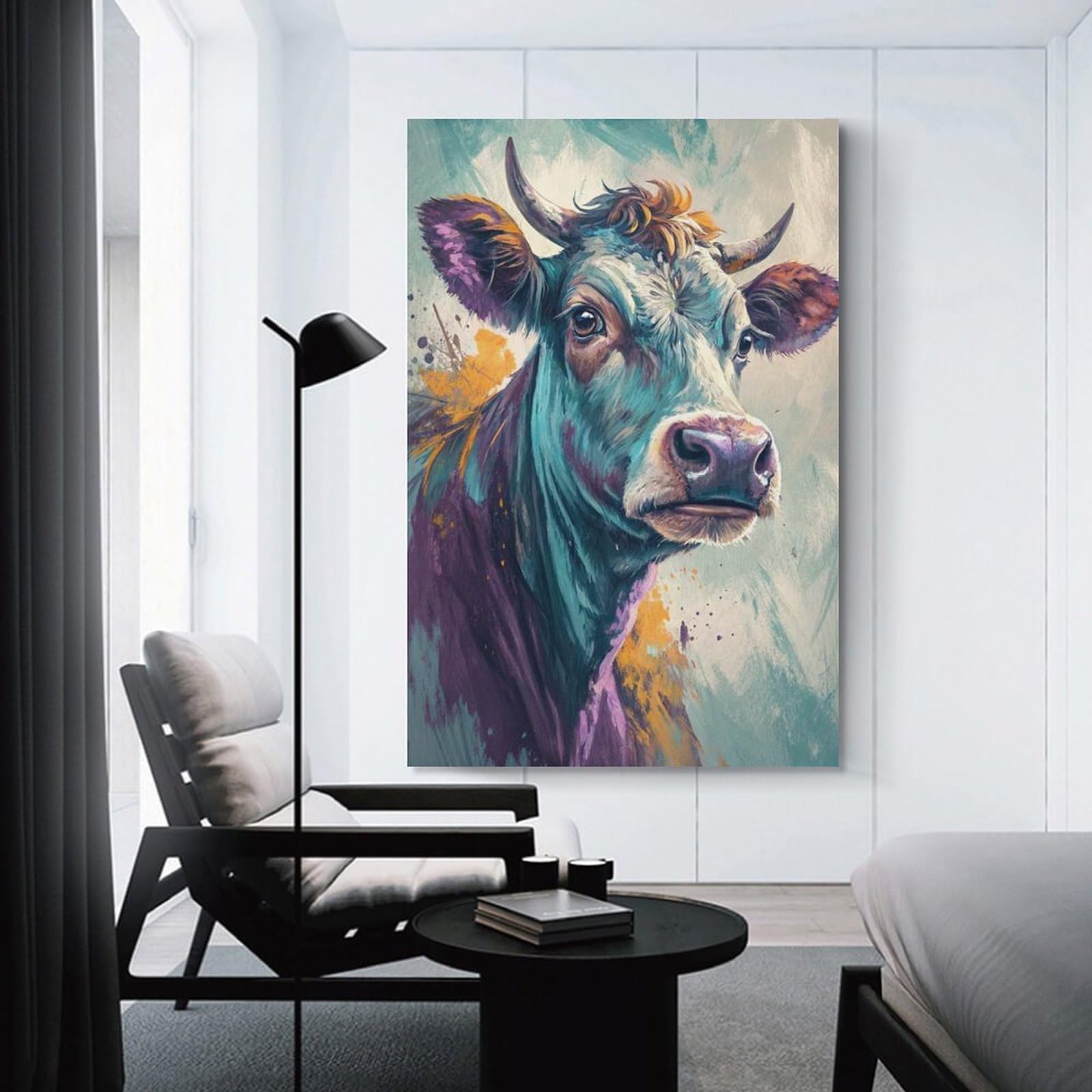 Junmoney Decorative Wall Artwork Colorful Cow Portrait, 24x36inch(60x90cm), for Calm Bedrooms, Home Corners Or Flats, An Easy Wall Refresh for Bedrooms
