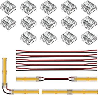 BTF-LIGHTING FCOB COB 8mm 0.31in Connector Kit 14pcs Transparent Connector 5pcs 15cm Long 20AWG Extension Wires for Non-Wired Gapless Solderless,FCOB 2 pin v+ v- Single Color Strip Corner Connection
