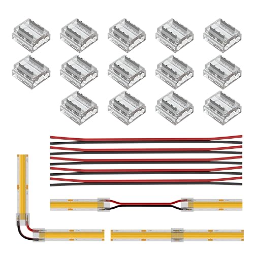 BTF-LIGHTING FCOB COB 8mm 0.31in Connector Kit 14pcs Transparent Connector 5pcs 15cm Long 20AWG Extension Wires for Non-Wired Gapless Solderless,FCOB 2 pin v+ v- Single Color Strip Corner Connection