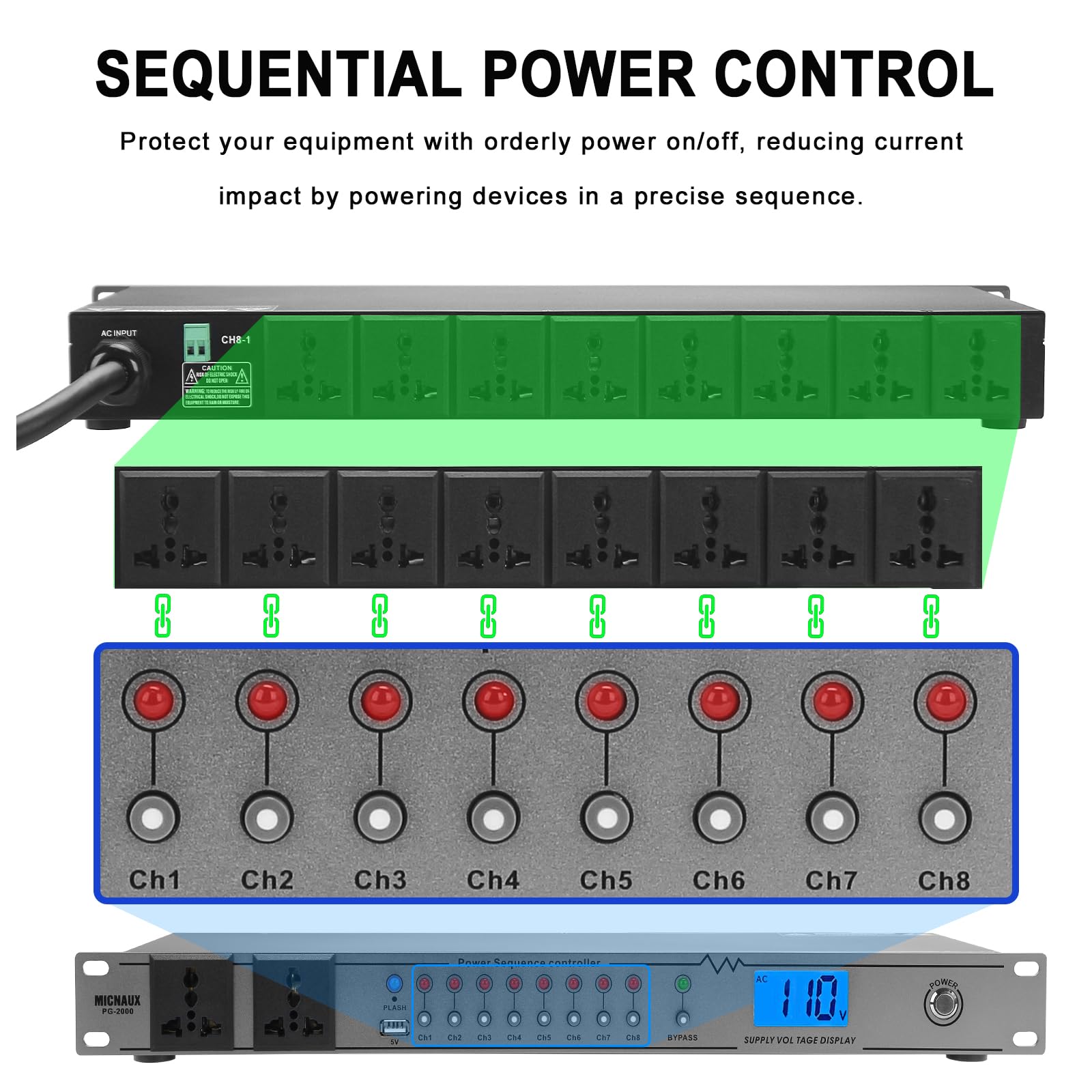 20A Rackmount Sequenzer Power Conditioner für Audiogeräte 10 2000W Netzstecker mit 8 unabhängigen Steuerungen, Überspannungsschutz