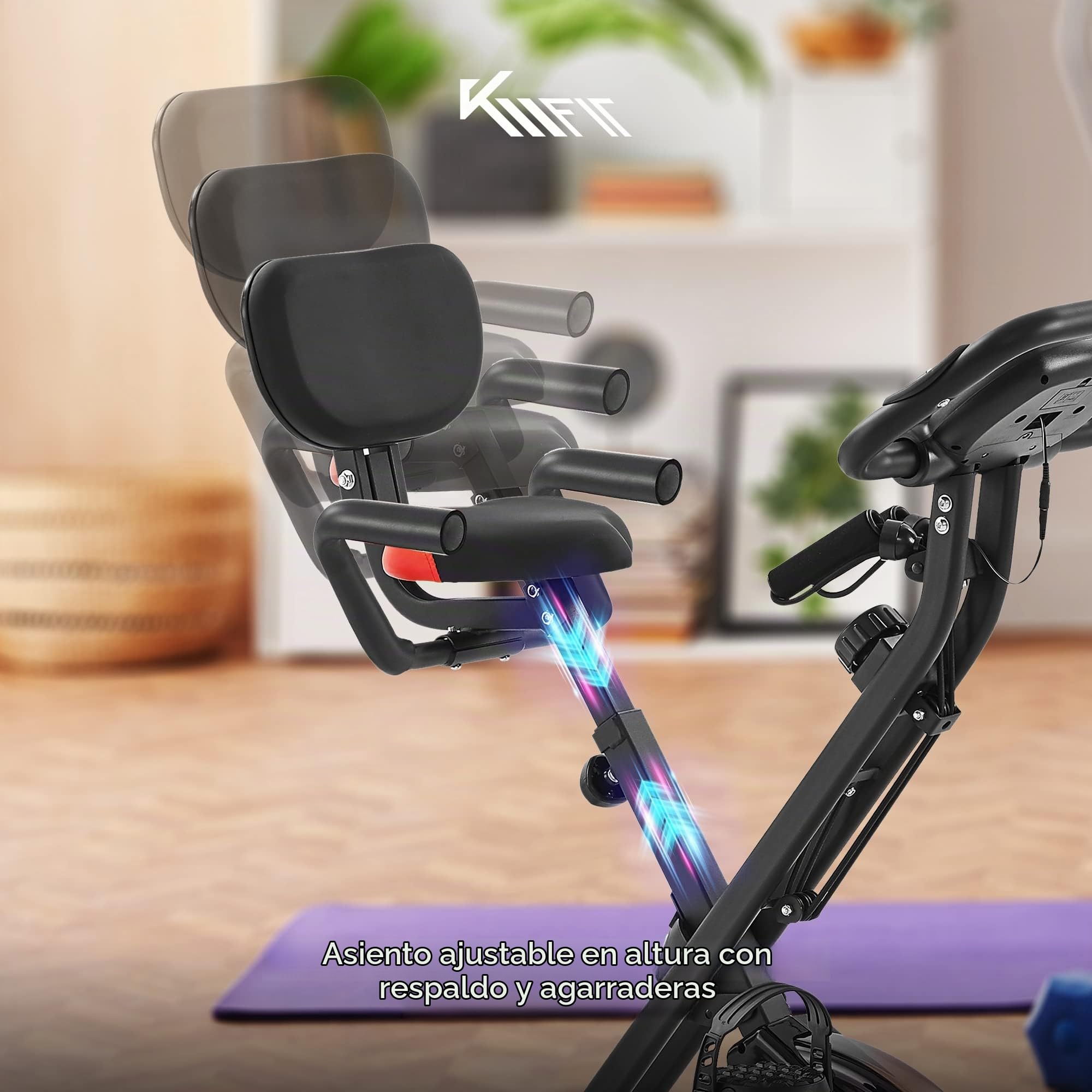 KM Fit 2en1 Bicicleta estatica con pantalla LCD | Bicicleta estatica plegable | Entrenador 16 niveles de resistencia | Sensores de pulso | incl. alfombrilla y soporte para móvil