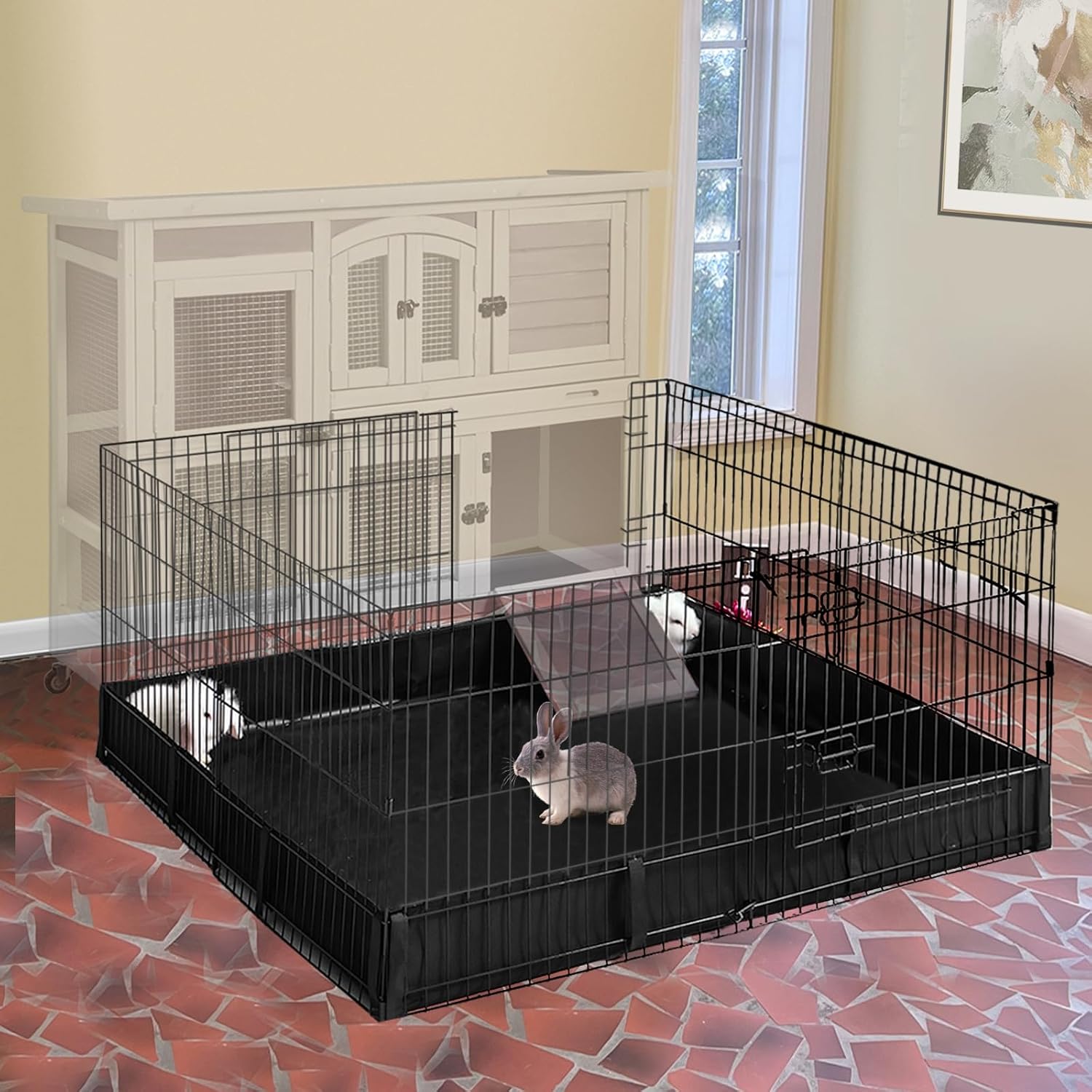 Rabbit Playpen，Small Animal Cage with Waterproof Mat, 48" L*48" W*24" H Metal Hedgehog with Door, C&C Cage for Guinea Pigs, Bunny, Hedgehogs, Chinchillas(Playpen Only)