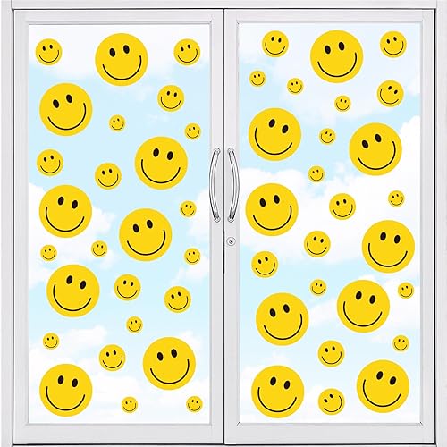 Miniatura 10 de Whaline 9 hojas de calcomanías reutilizables de doble cara para ventana de regreso a clases, cara sonriente, pastel, para decoración de ventanas,